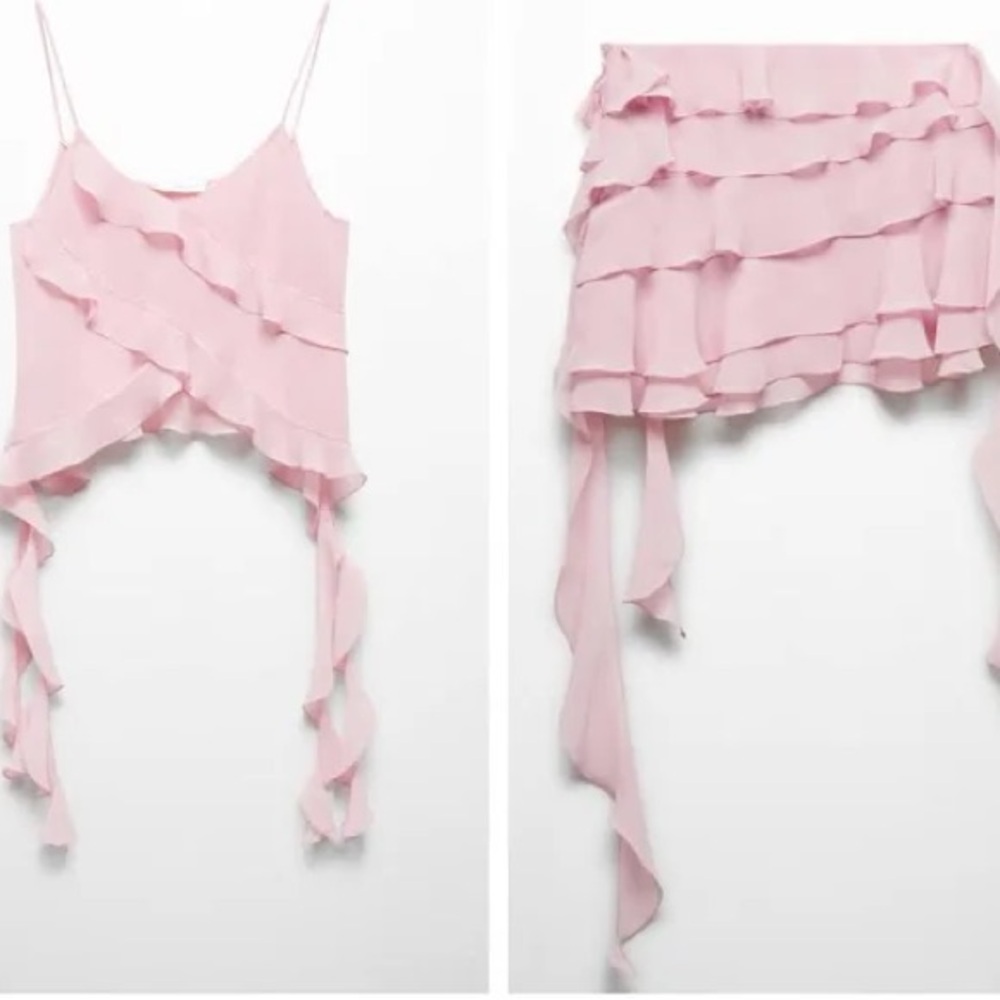 Mango Pale Pink Ruffled Camisole and Skirt Set